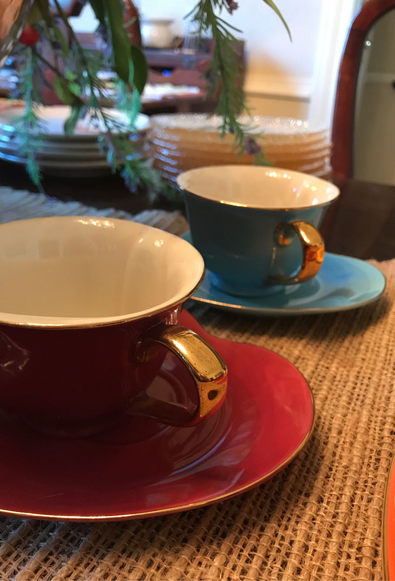 Gold trimmed colorful tea set for 6