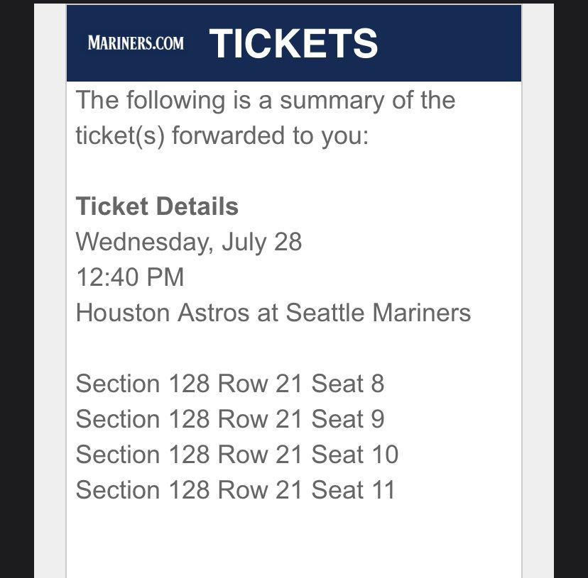 Mariners Tickets Vs. Astros 7/28