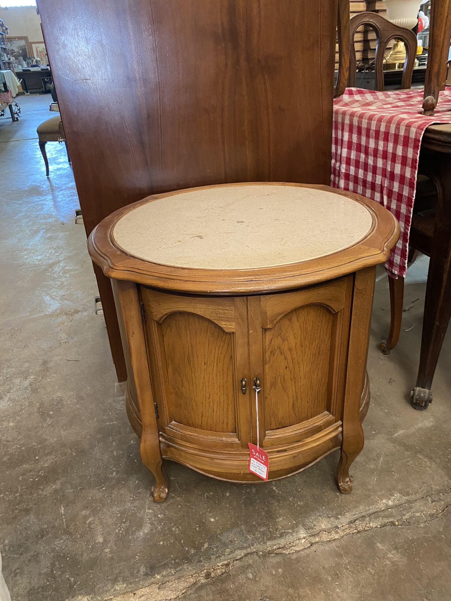 Vintage Marble Top Wood Barrel Style End Table Cabinet