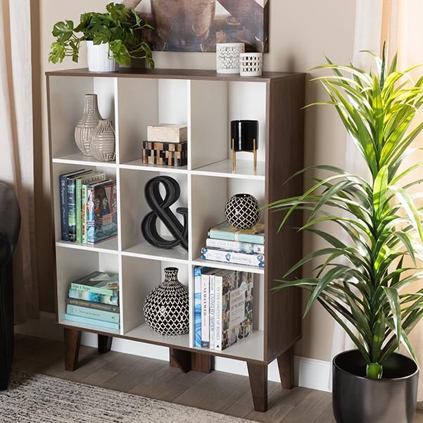 Senja Modern and Contemporary Two-Tone White and Walnut Brown Finished Wood 9-Shelf Bookcase