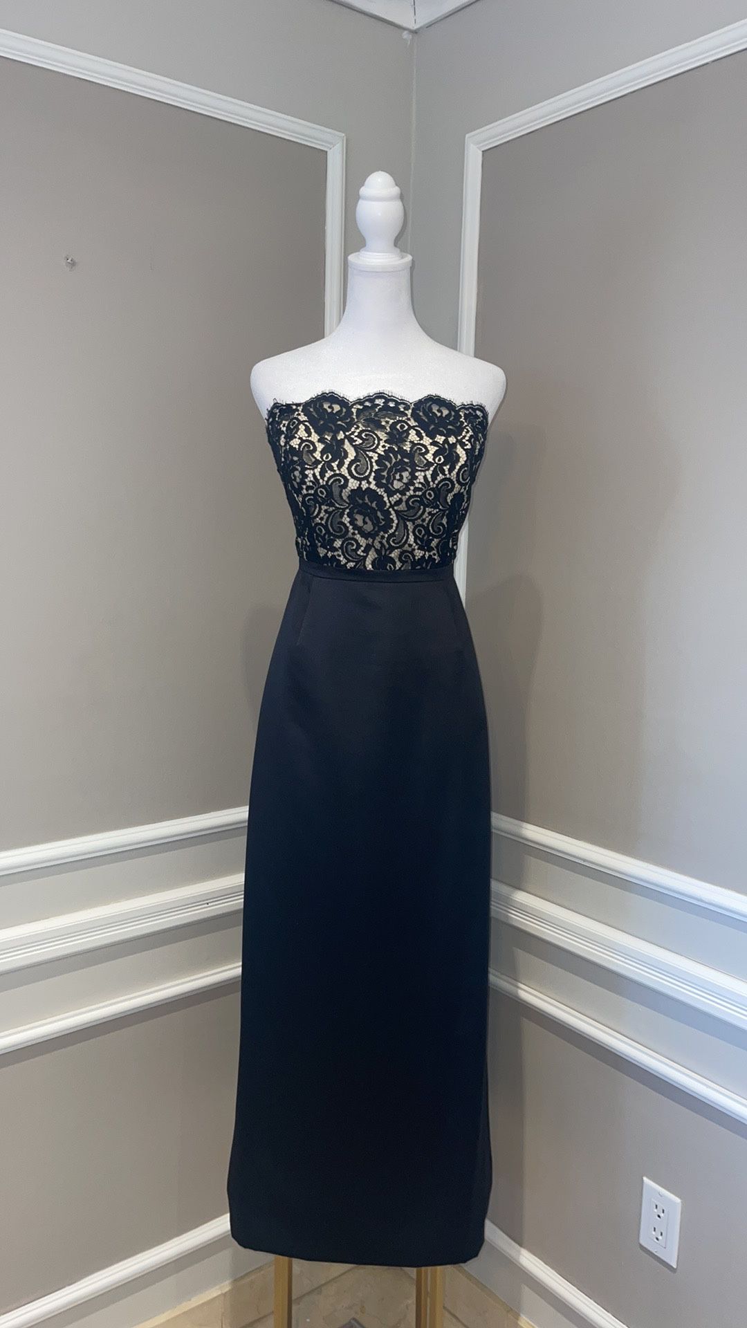 Ann Taylor Lace Bodice black satin evening gown – size 8. 