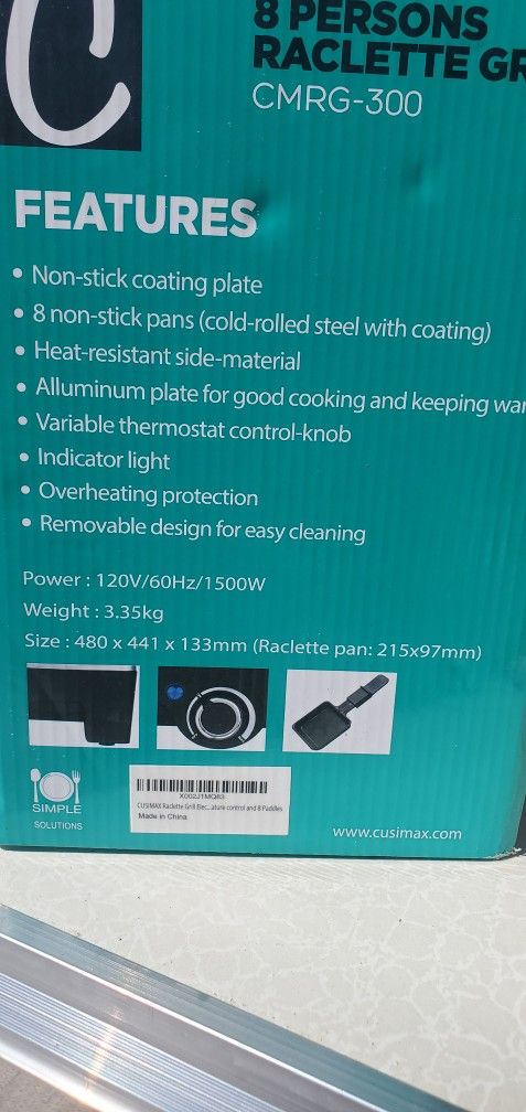 $50 CUSIMAX RACLETTE GRILL