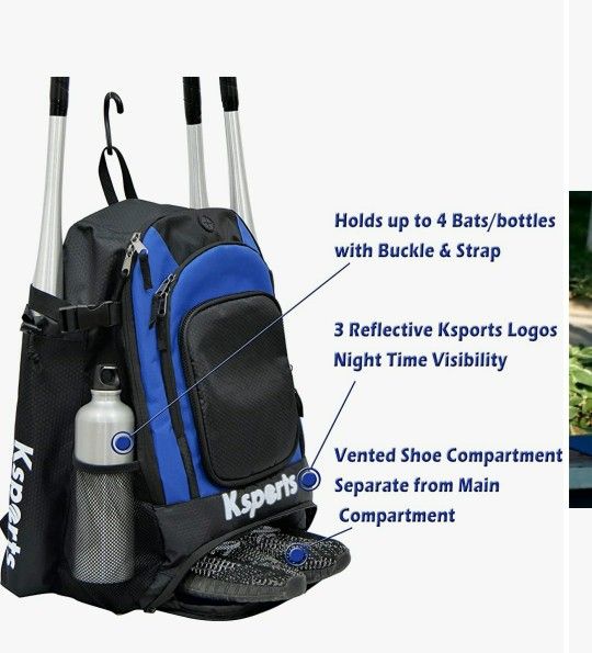 Baseball Bag Blue- Backpack for Baseball, T-Ball & Softball