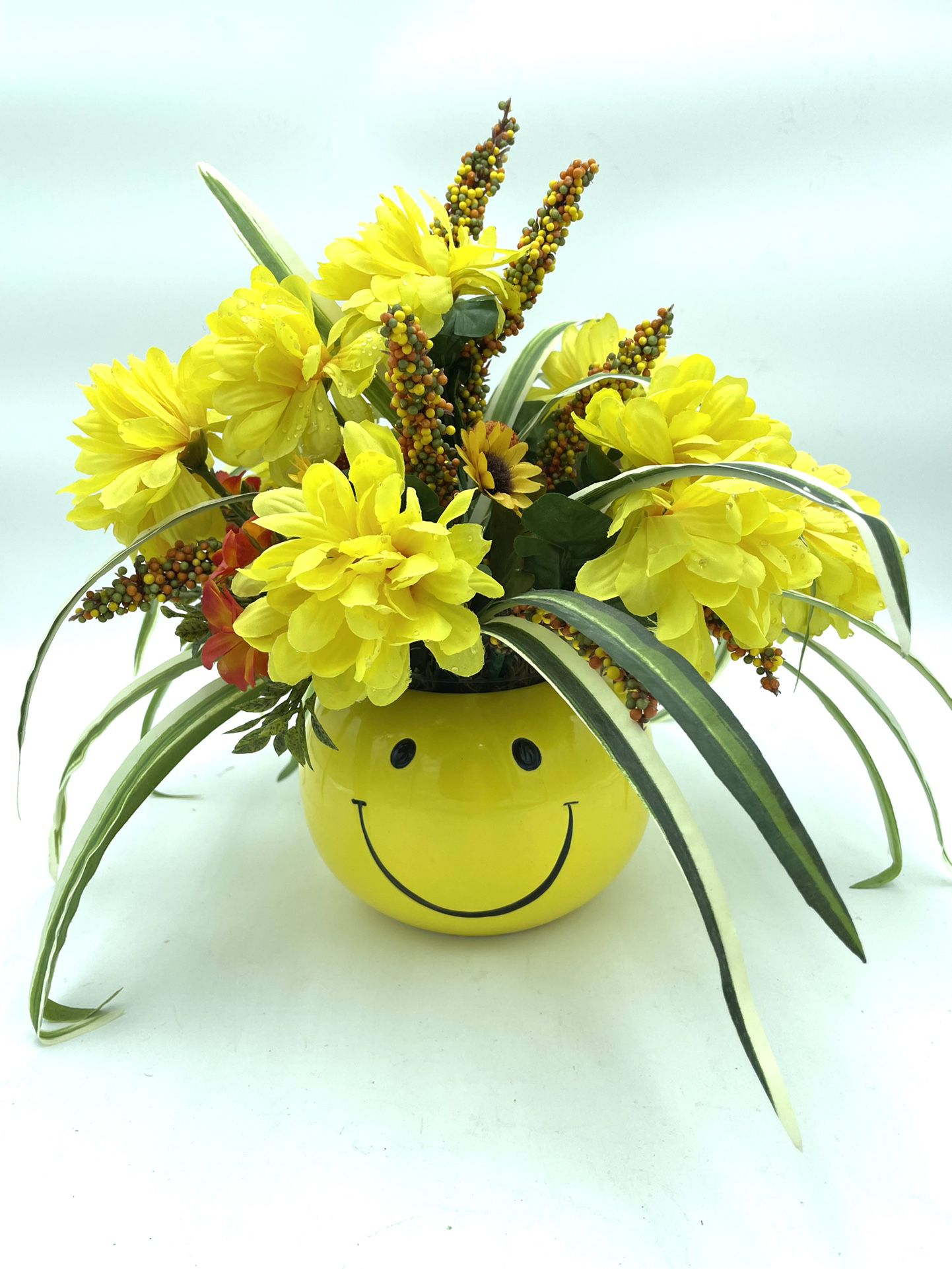 Ceramic Happy Face Vase With Faux Flower Arrangement 