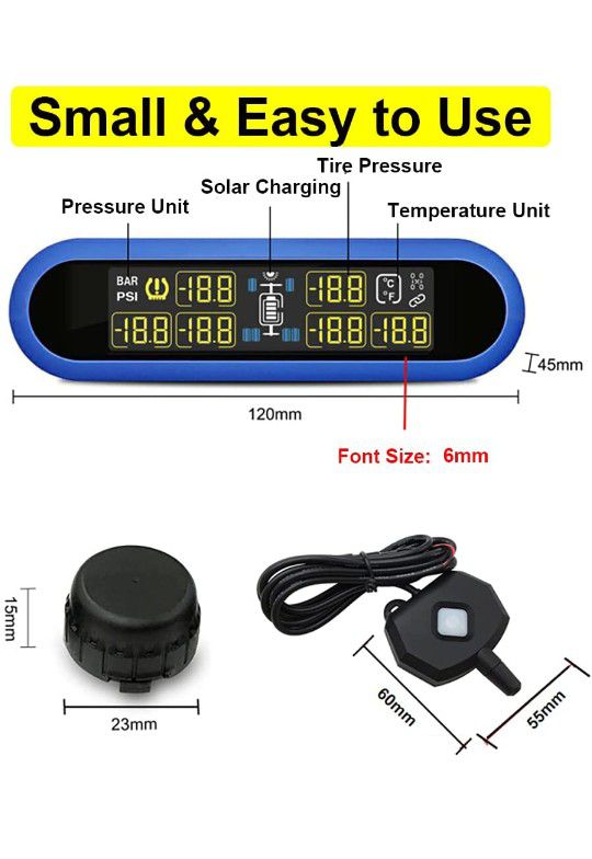 Solar-Powered Digital Tire Pressure Monitoring System(TPMS), 80ft Sensing Distance