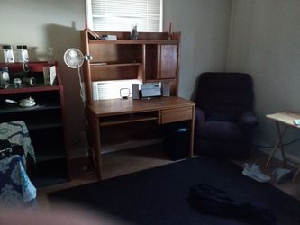 Oak Desk , Very Nice & Heavy , Also 2 Maroon Chair Recliners Very Good  Chairs. Thumbnail