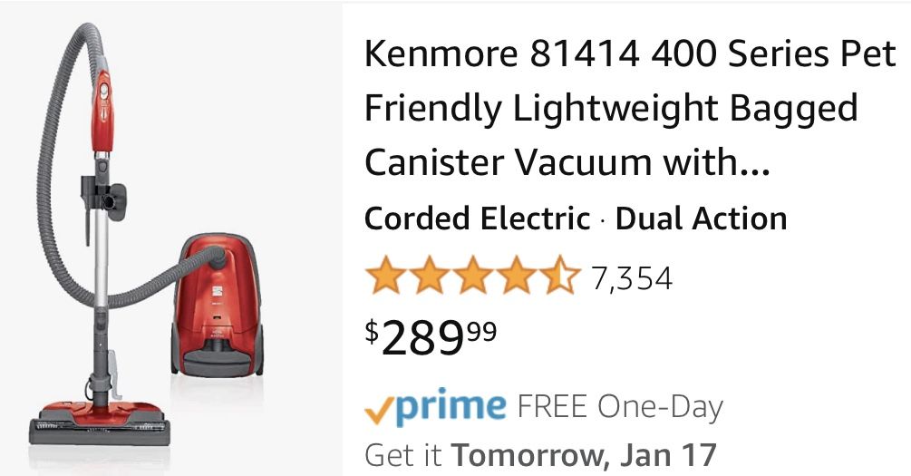 Kenmore 400 Series Pet Friendly Lightweight Bagged Canister Vacuum with Extended Telescoping Wand, HEPA, Retractable Cord