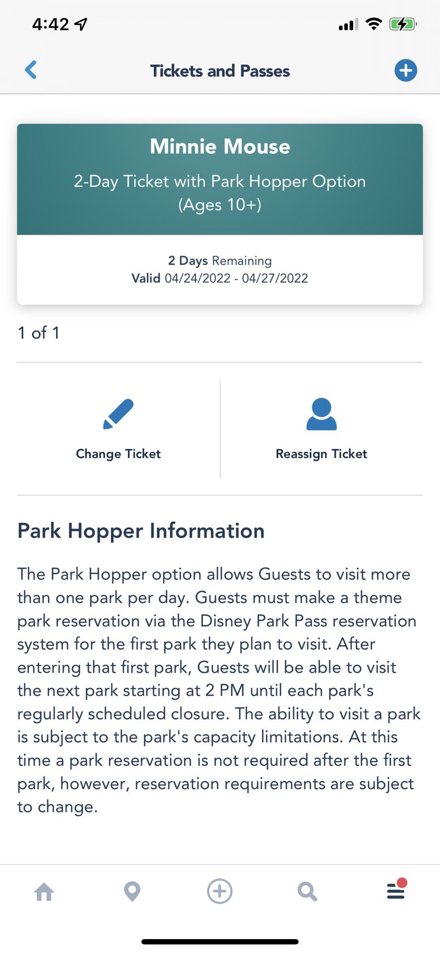 DisneyWorld park hopper Ticket 