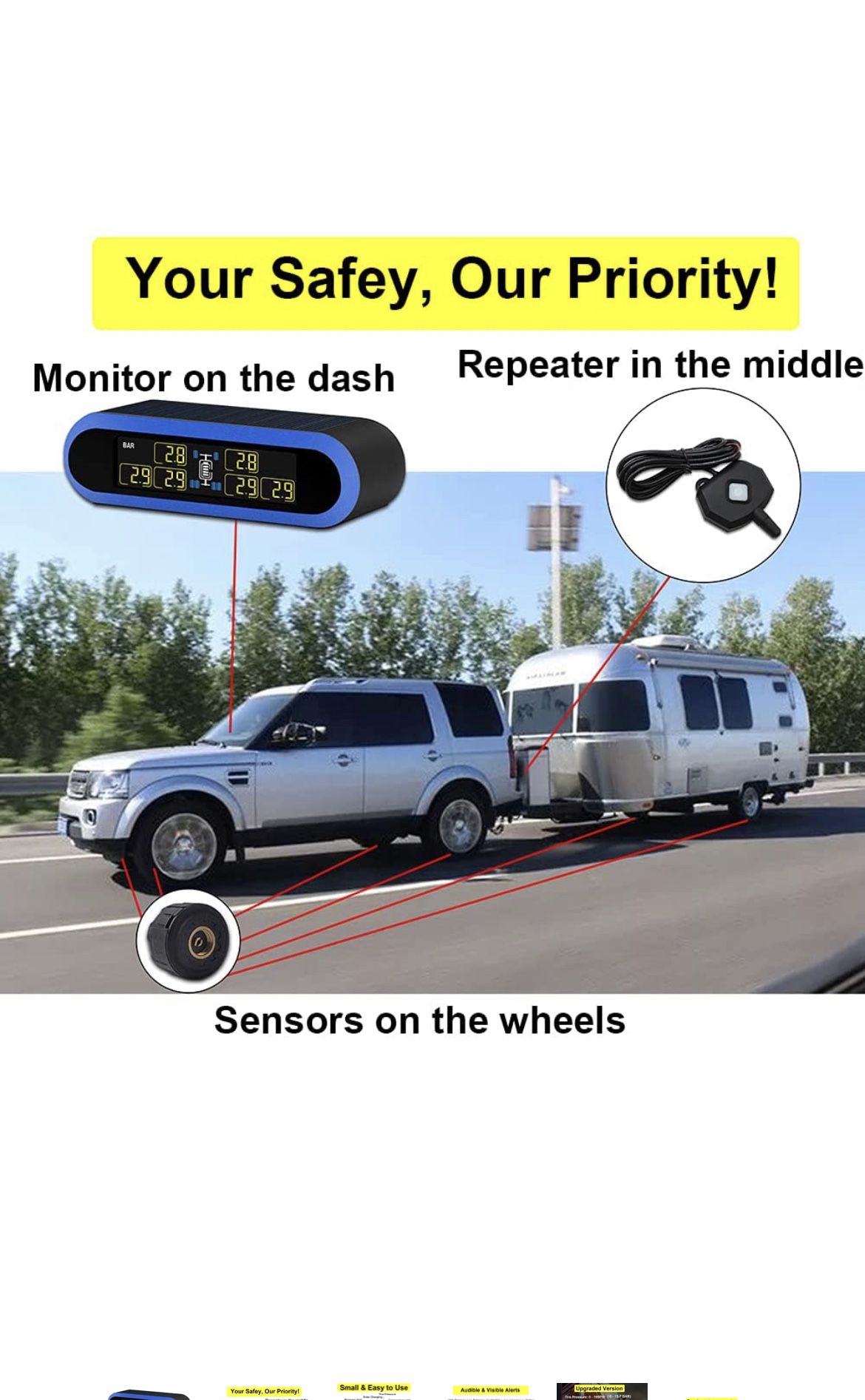 Solar-Powered Digital Tire Pressure Monitoring System(TPMS), 80ft Sensing Distance, for RV Camper, Travel Trailer, Folding Camper, Motor Home, Fifth W