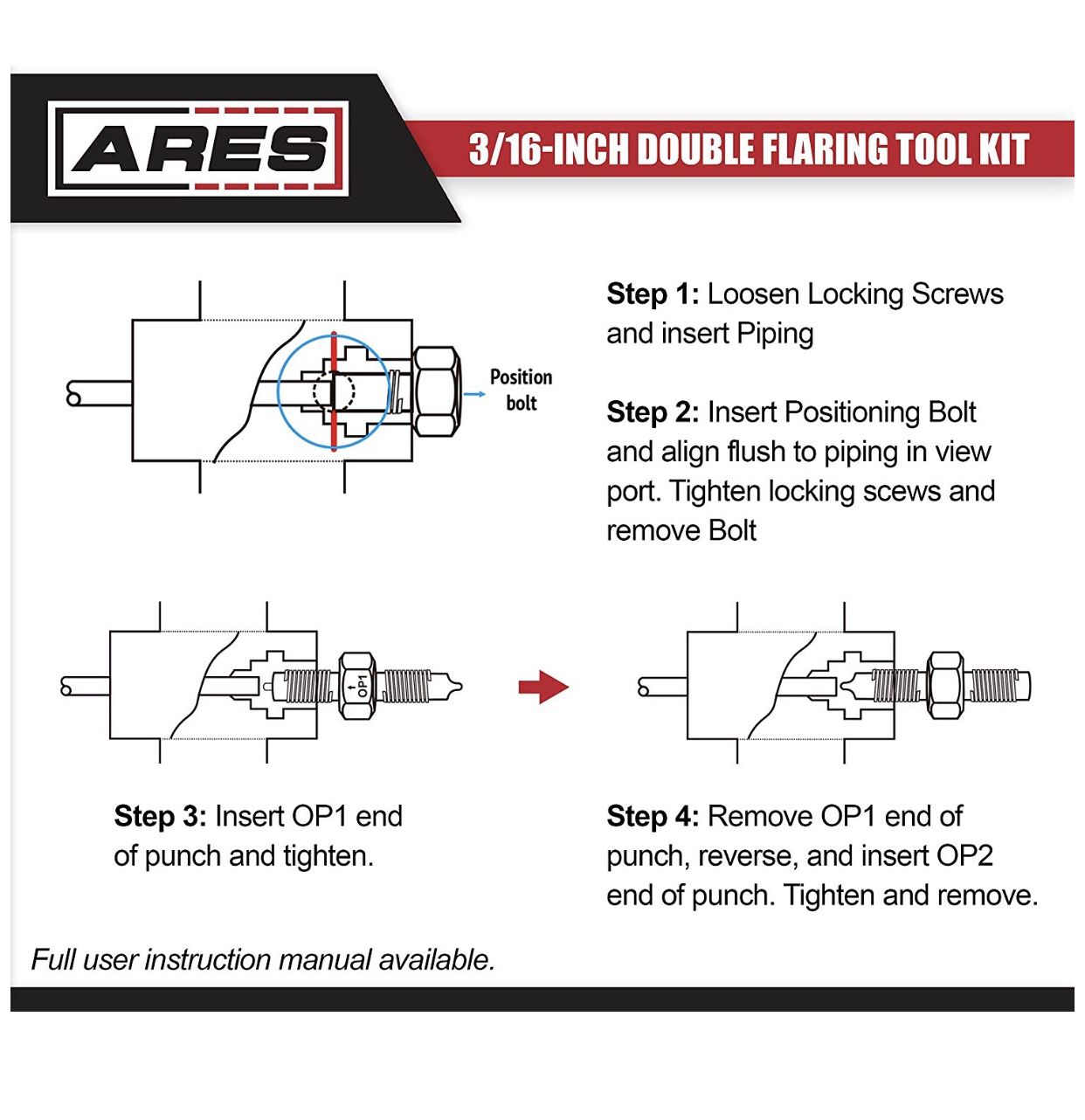 For Creating Double Flares on 3/16-Inch Steel Double Ended Op1/Op2 Punch Nickel & Copper Tubing Includes Flaring Tool ARES 18013-3/16-Inch Double Flaring Tool Die Lubricant & Positioning Bolt 