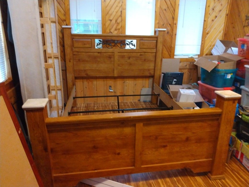 Wood Queen Size Bedframe With Two Drawer Storage