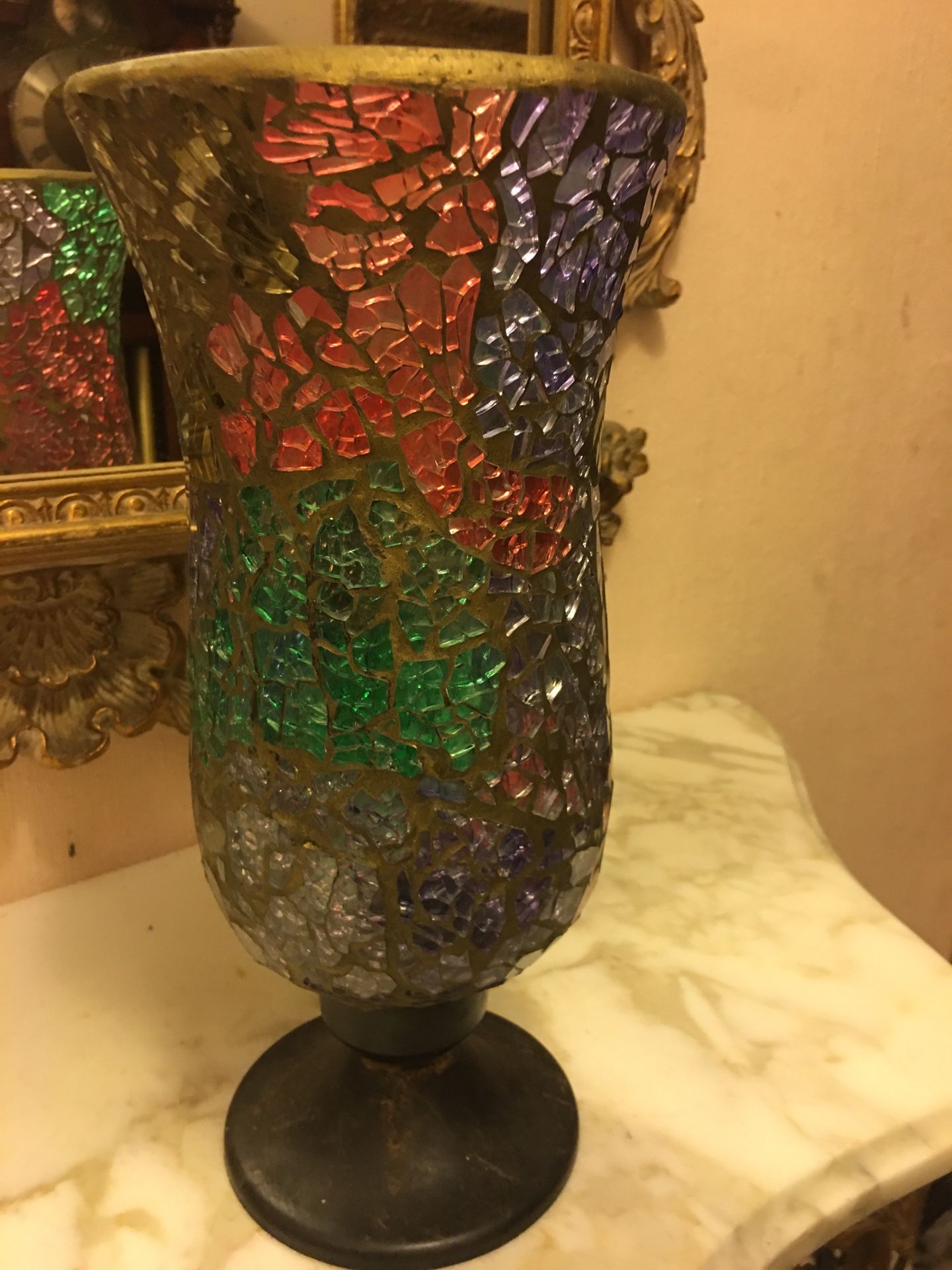 Beautiful vintage stain glass mosaic hurricane on distressed black metal candleholder mint