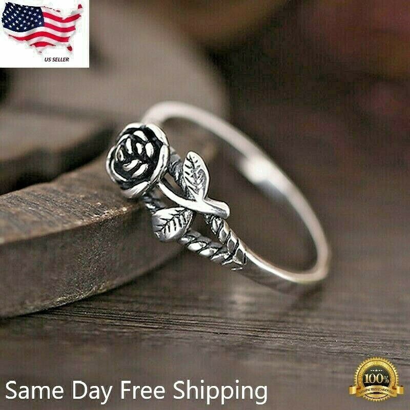 Fashion Rose Flower 925 Silver Jewelry Wedding Rings for Women Ring Size 6-10