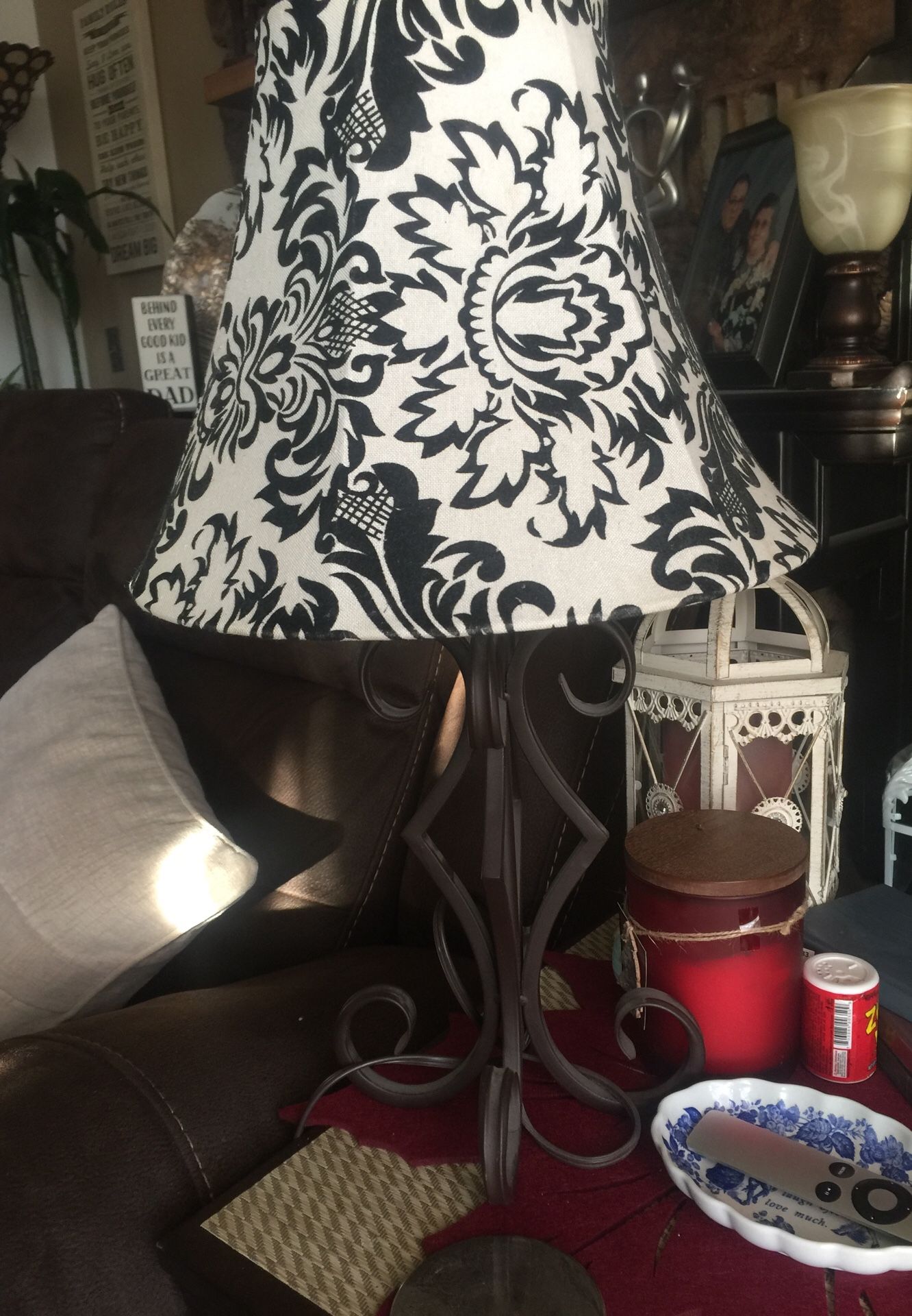 Lamp ensemble with shade, runner and curtain and mirror