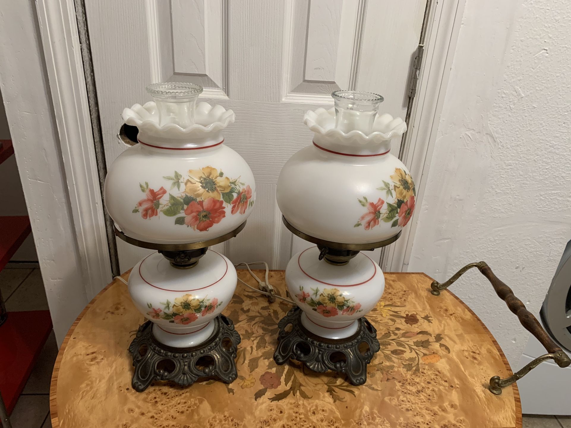 Vintage Set Of 2 Hurricane Lamp Roses Design With 3 Way Electric Lighting