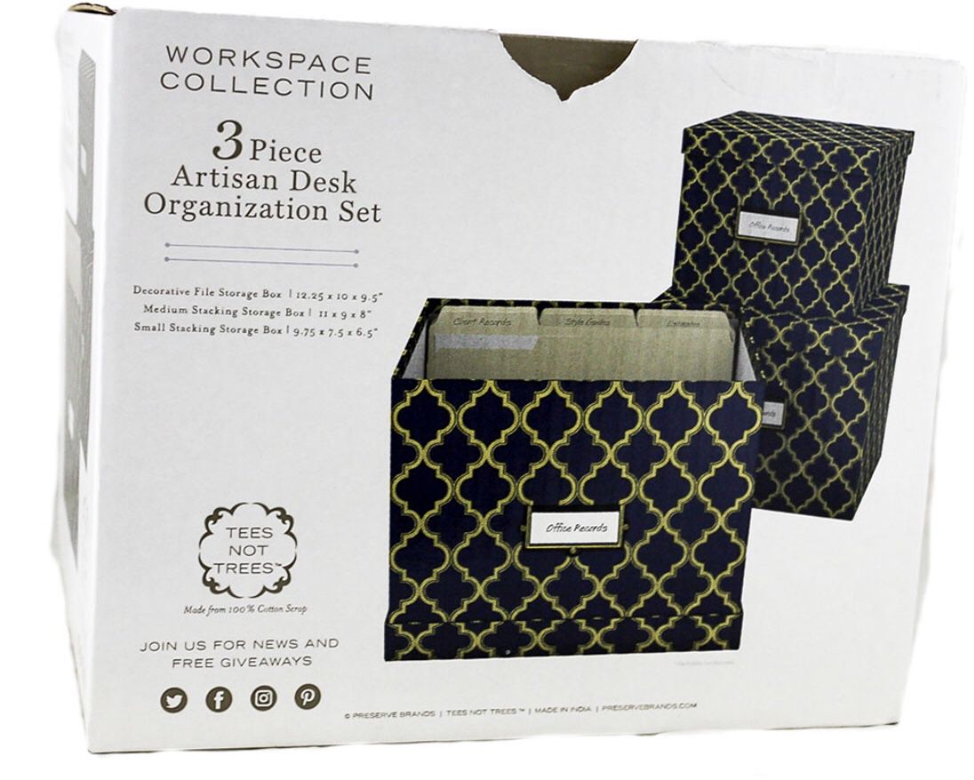 WORKSPACE COLLECTION | 3 PIECE ARTISAN DESK ORGANIZATIONAL SET | HAND SILKSCREENED ~ NAVY AND GOLD DAMASK **Buy 2 sets for ONLy $28 **