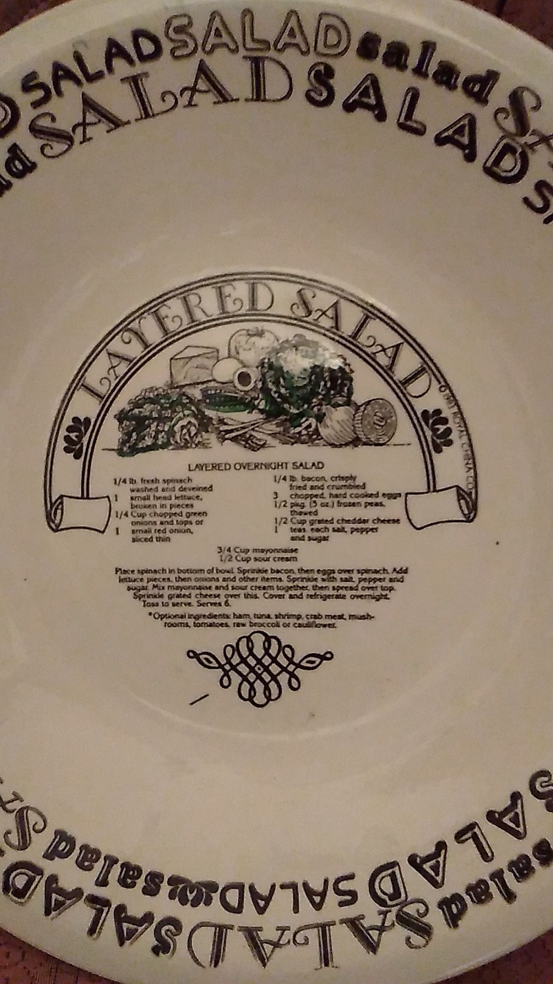 Salad Bowl By Royal China, Retains Cold For Long Periods, Comes With Recipe For Overnight Salad 🥗 Printed On Bottom Of Bowl 🥣.