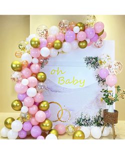 Pink Rose Gold Balloon Garland Arch Kit 119Pcs , Pink Confetti Balloons and 12 Inch Metal Gold Balloon Arch Suit are Suitable for Baby Shower Party Bi Thumbnail