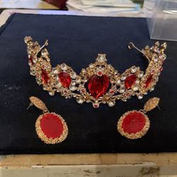 Red Crystal Princess Tiara Rhinestones Like Diamonds With Matching beautiful Earrings. In Its Case New Never Use Pd $139.00  Thumbnail