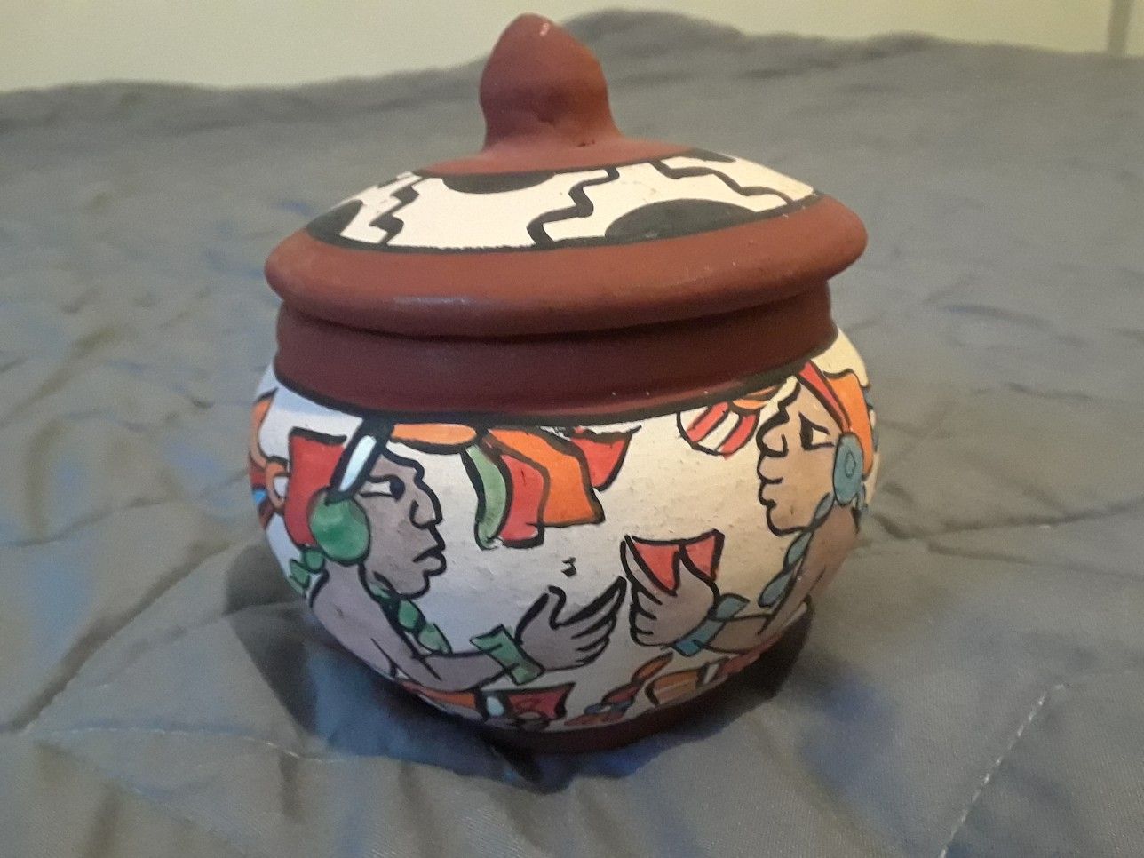 Mayan pots with lids; set of 2 ceramic Aztec handmade lidded containers