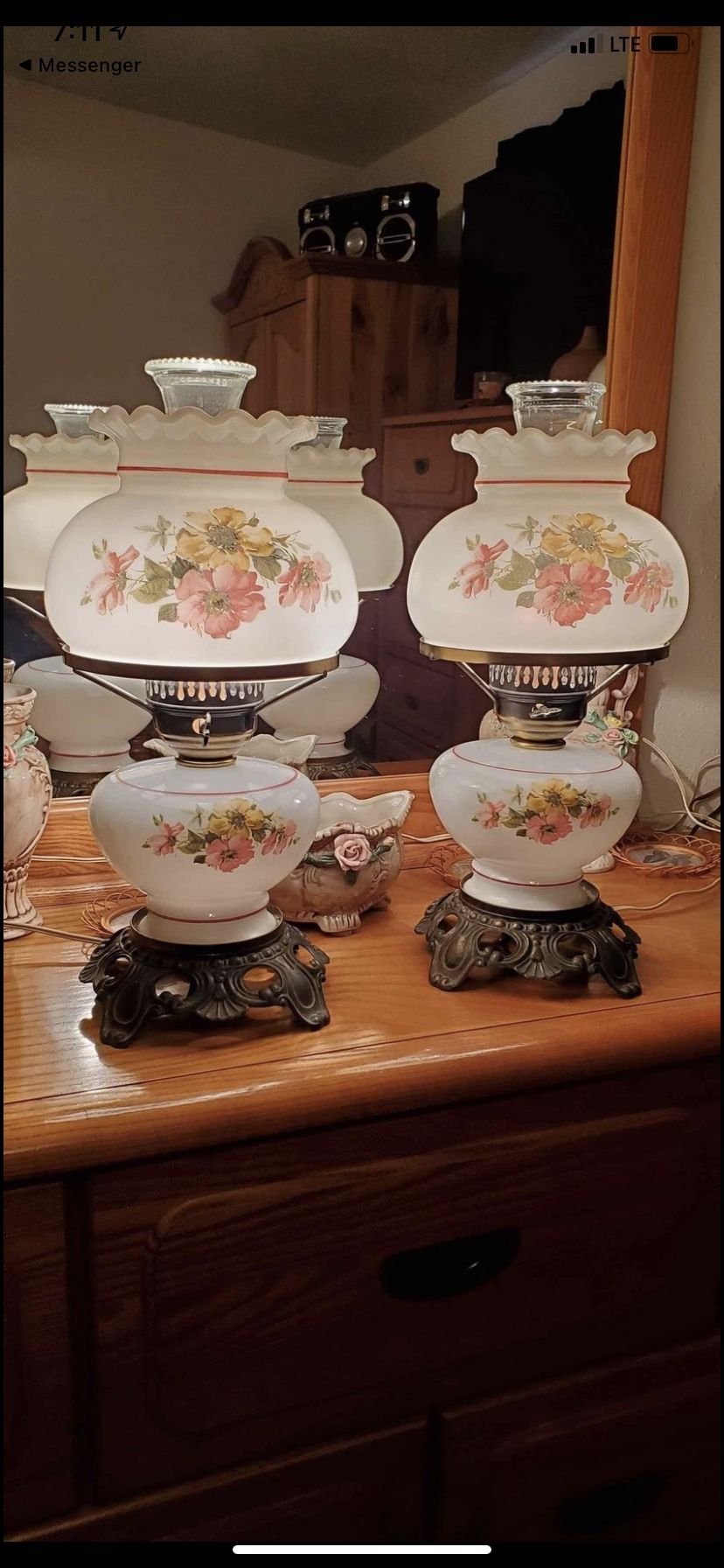 Vintage Set Of 2 Hurricane Lamp Roses Design With 3 Way Electric Lighting