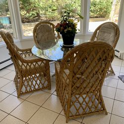 Glass Top Wicker/Wood Table & Four Chairs Thumbnail