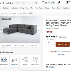 Arrowmask Charcoal 2 Piece 116" Sectional with Left Arm Facing Corner Chaise Thumbnail