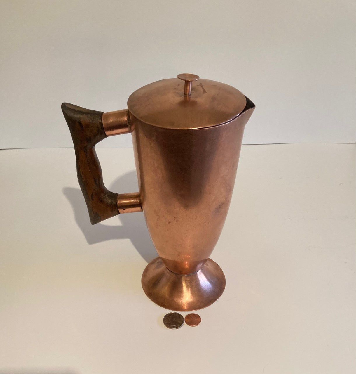 Vintage Metal Copper Serving Pitcher, Wooden Handle, 10" Tall, Kitchen Decor, Table Display, Shelf Display, This Can Be Shined Up Even More