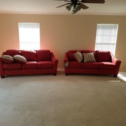 Two Couches - Red Cloth w/pillows Thumbnail