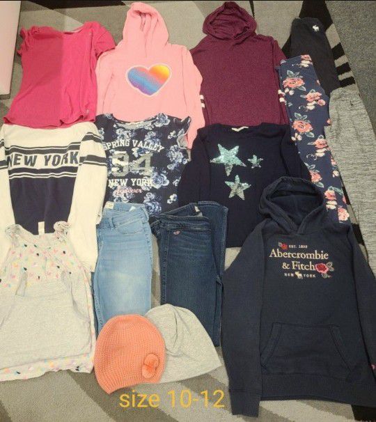 16 Items Girls Clothes 2 Jeans 3 Leggings 2 tops 3 Hoodies 2 Sweaters Size 10-12 Hollister Abercrombie H&M