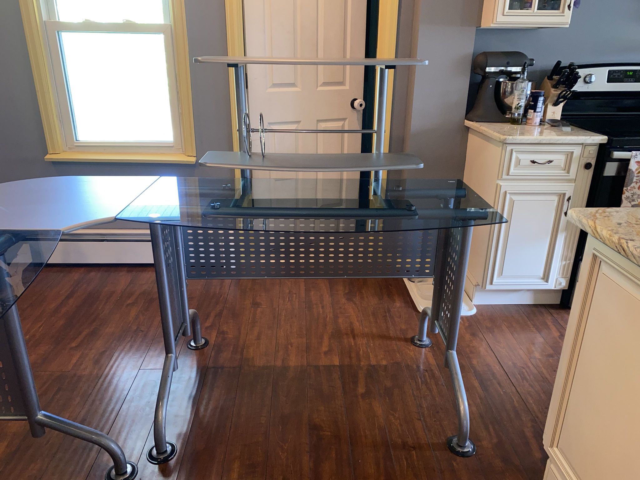 L SHAPED GLASS TWO PIECE DESK