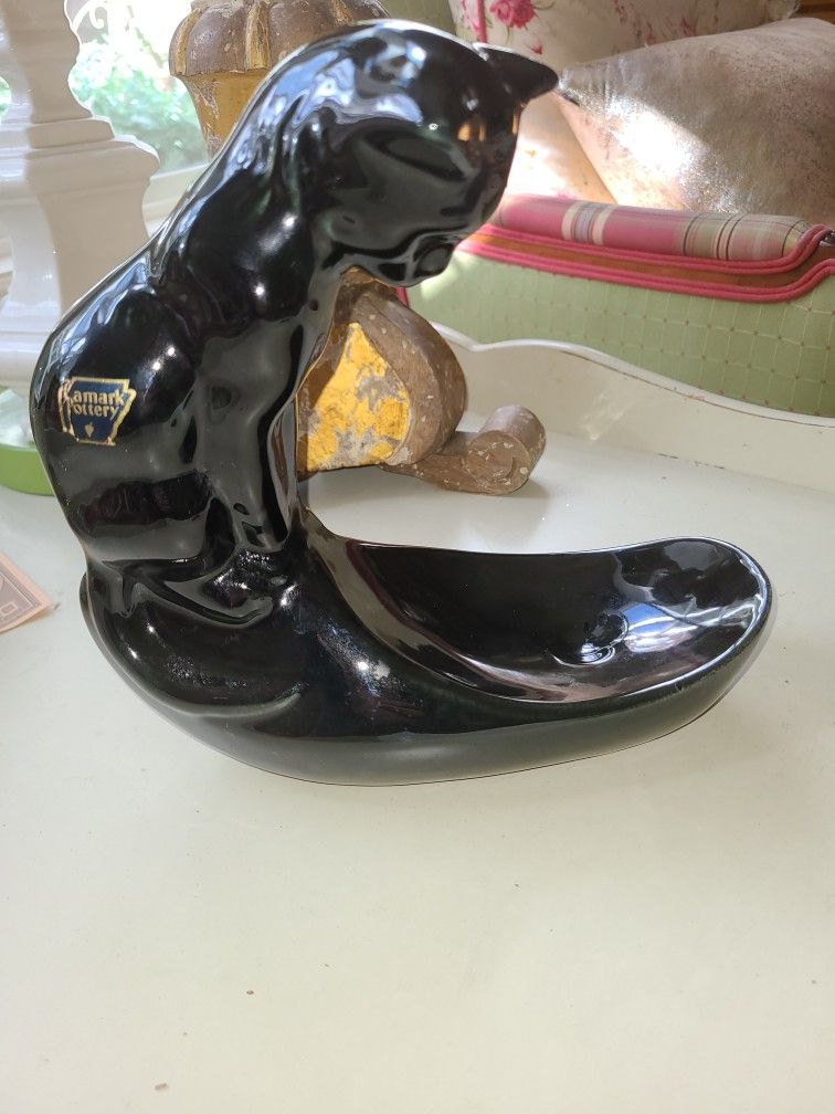 Mid-centuryCamark Pottery Black Cat Fish Bowl Stand