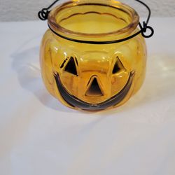 Pumpkin Glass Hanging Jack O Lantern Tealight Candleholder Halloween Candy Dish Thumbnail