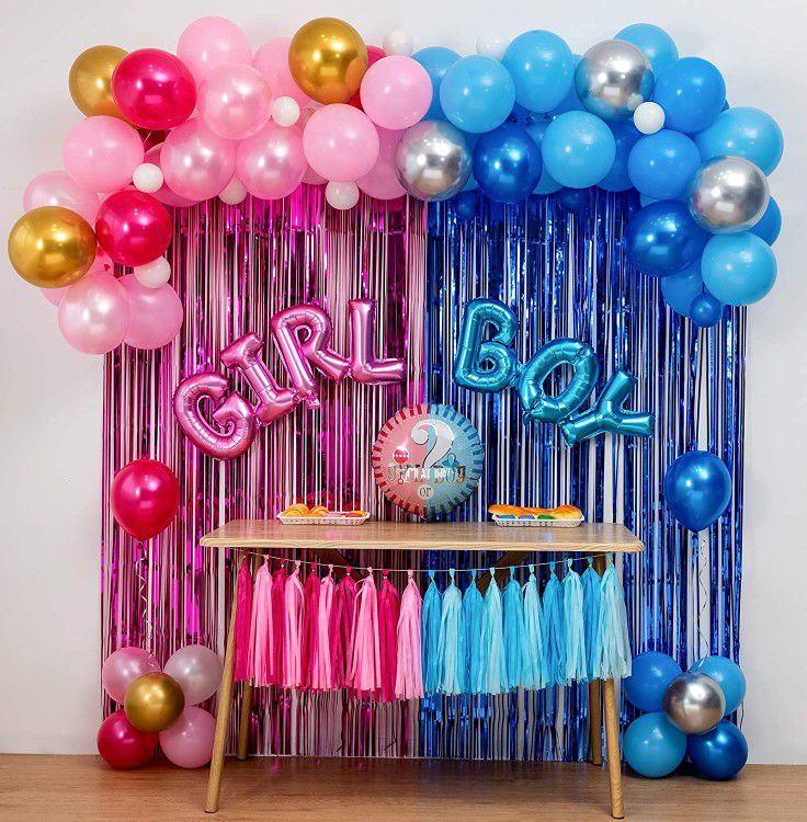 Boy Or Girl Gender Reveal Party Decoration Set,&Balloons Arch Garland Kit(Blue Silver Pink Gold),Foil Balloons,Metallic Fringe Curtains,18 in gender r