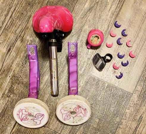 Set of Dora The Explorer Kids Girls Bike Items: Seat With Metal Mount, Break Light, Bike Horn, Training Wheels And Accessories