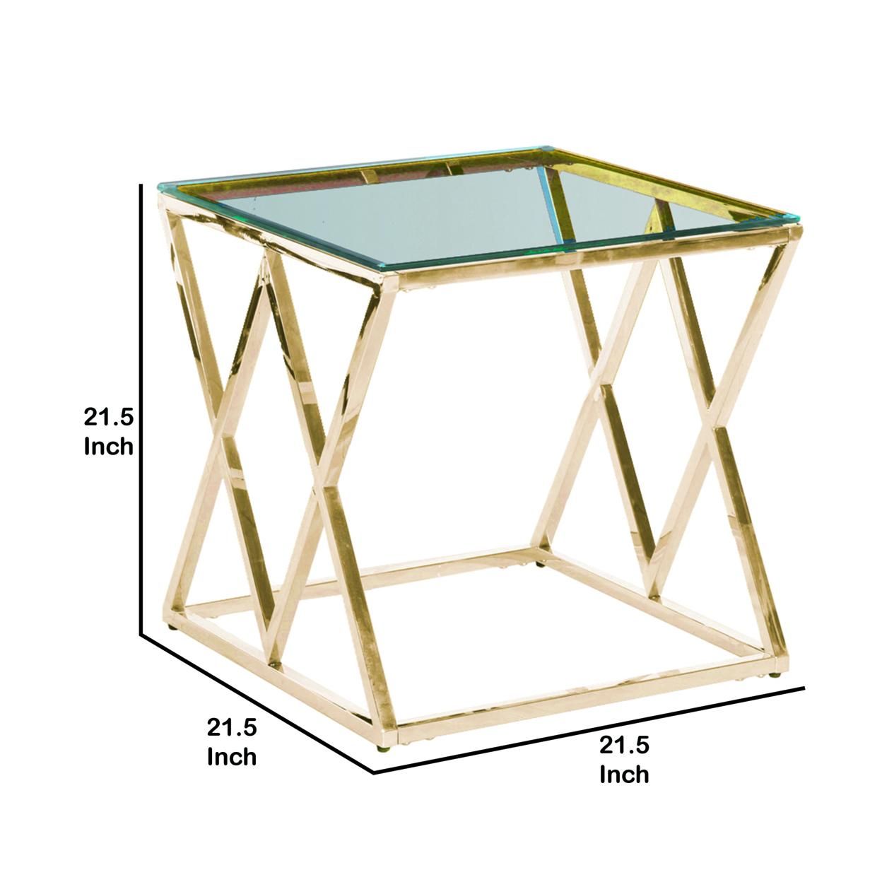 Saltoro Sherpi Diamond Shaped Metal Accent Table with Glass Top, Gold