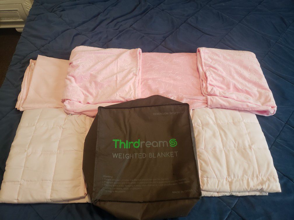 "Thirdream Small Weighted Blanket for Kids 7lbs, 3 Pieces,41” x 60”, ,with 2 Removable Washable Covers, Soft Minky Cover and Ice Silk Cover, Pink, Twi