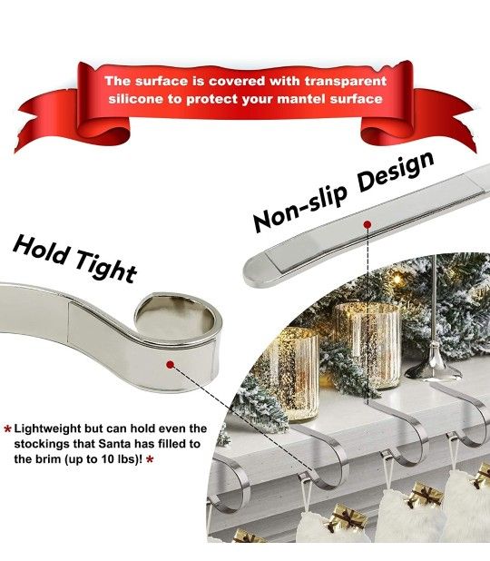 4 Pack Adjustable Stocking Holder Non-Skid Stocking Hangers Lightweight Stocking Hooks for Fireplace Home Decor