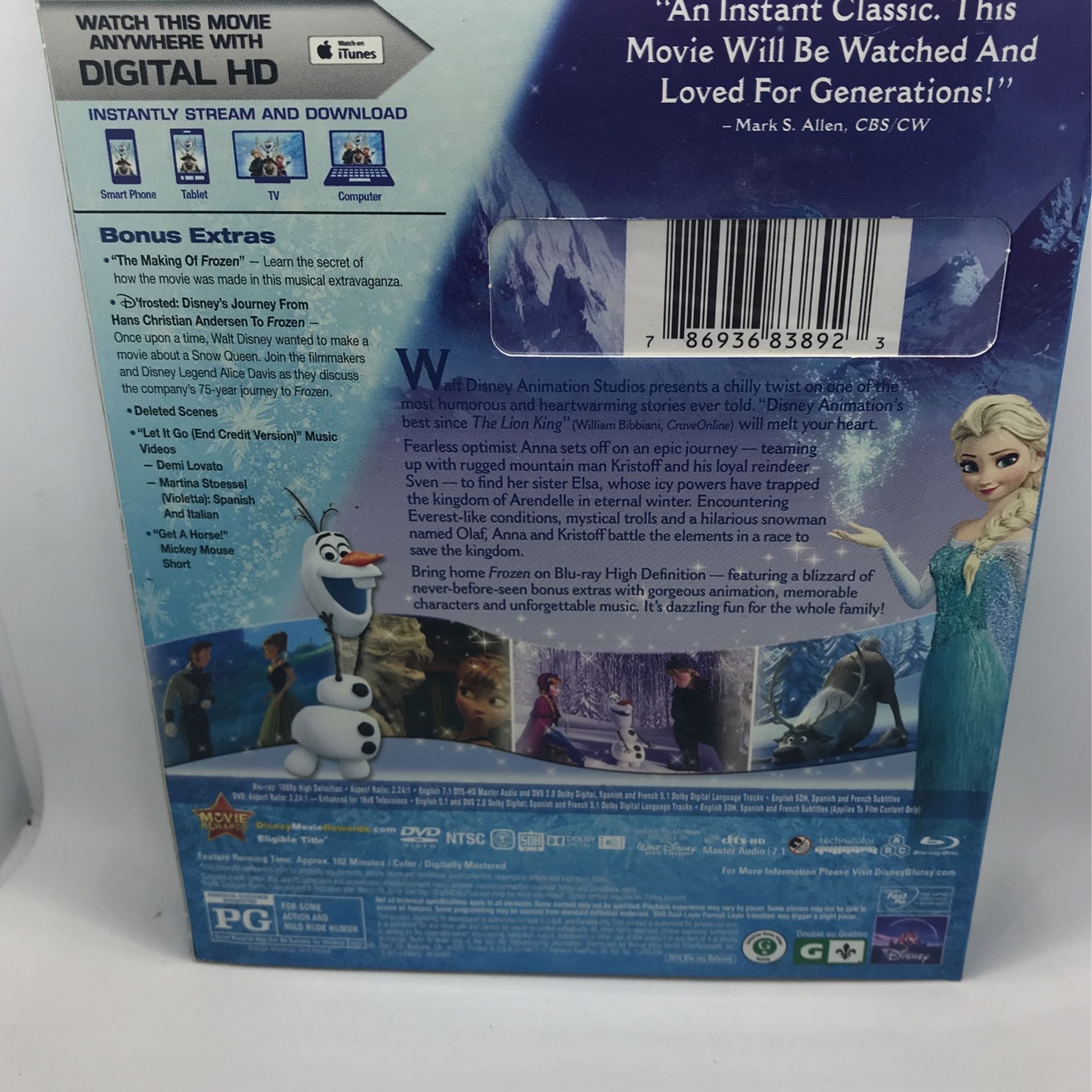 Disney’s Frozen Blu-ray DVD Digital Copy New
