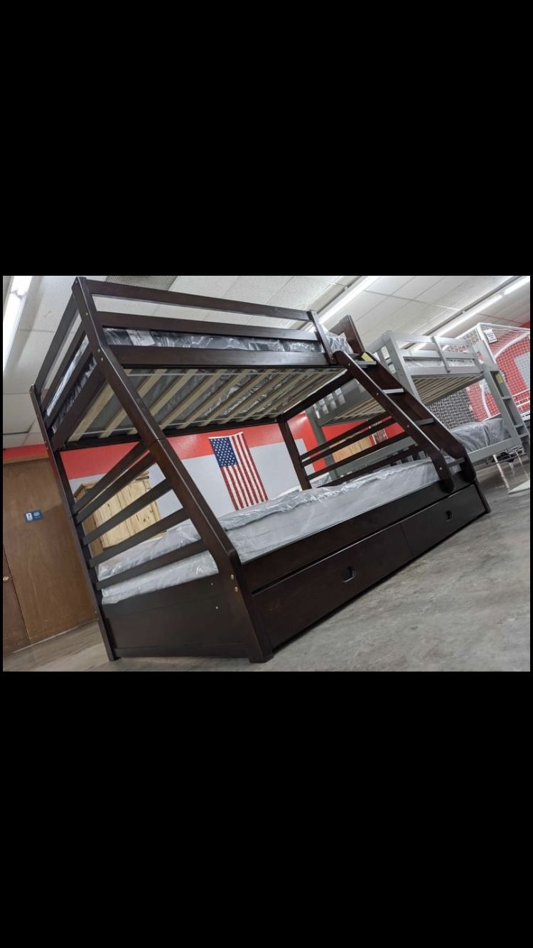 Twin Over Full Oak Wooden Bunk Bed Set ONLY $789!! $39 Down, Fast And Easy Approvals!