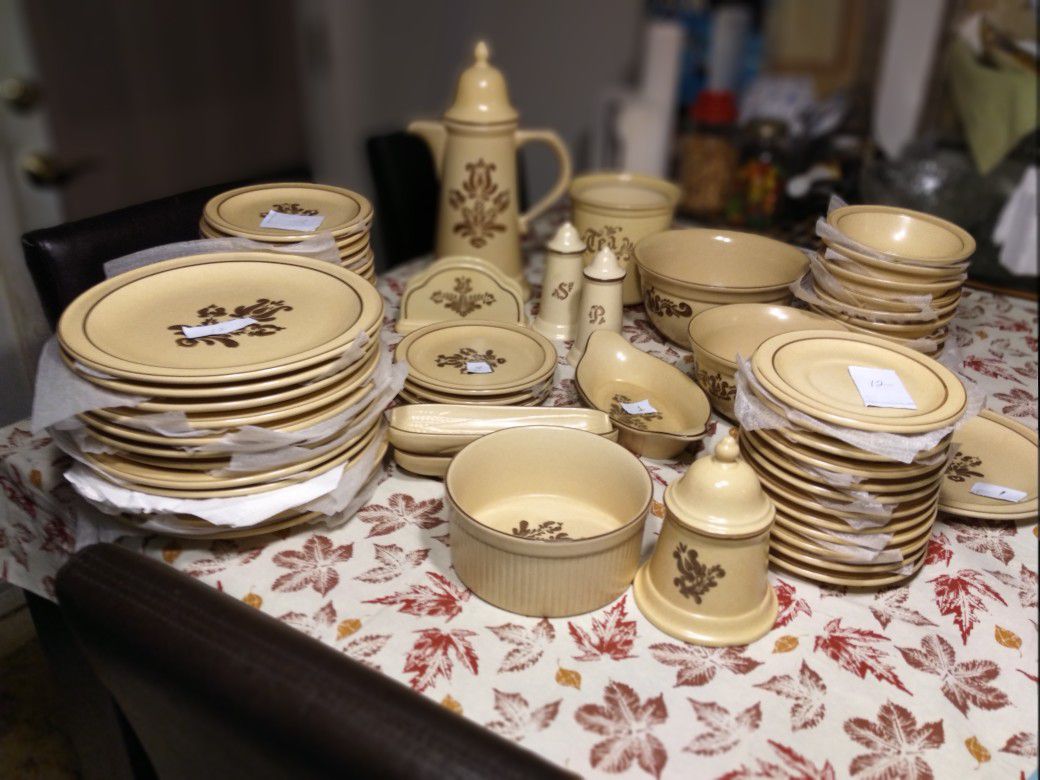 Pfaltzgraff Village Dish Set,12 Plates,12Saucers,2 Serving bowls, sugar bowl salt and pepper shaker, napkin holder, teapot, napkin holder