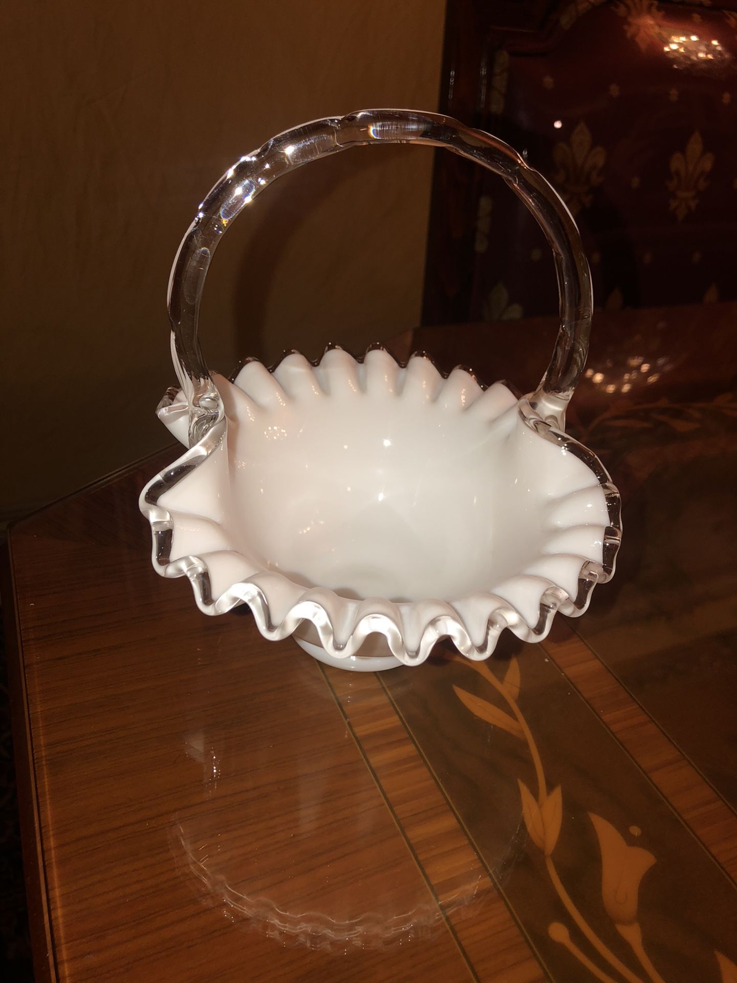 Vintage white milk glass 7 X 7 across basket with clear handle/trim ruffles