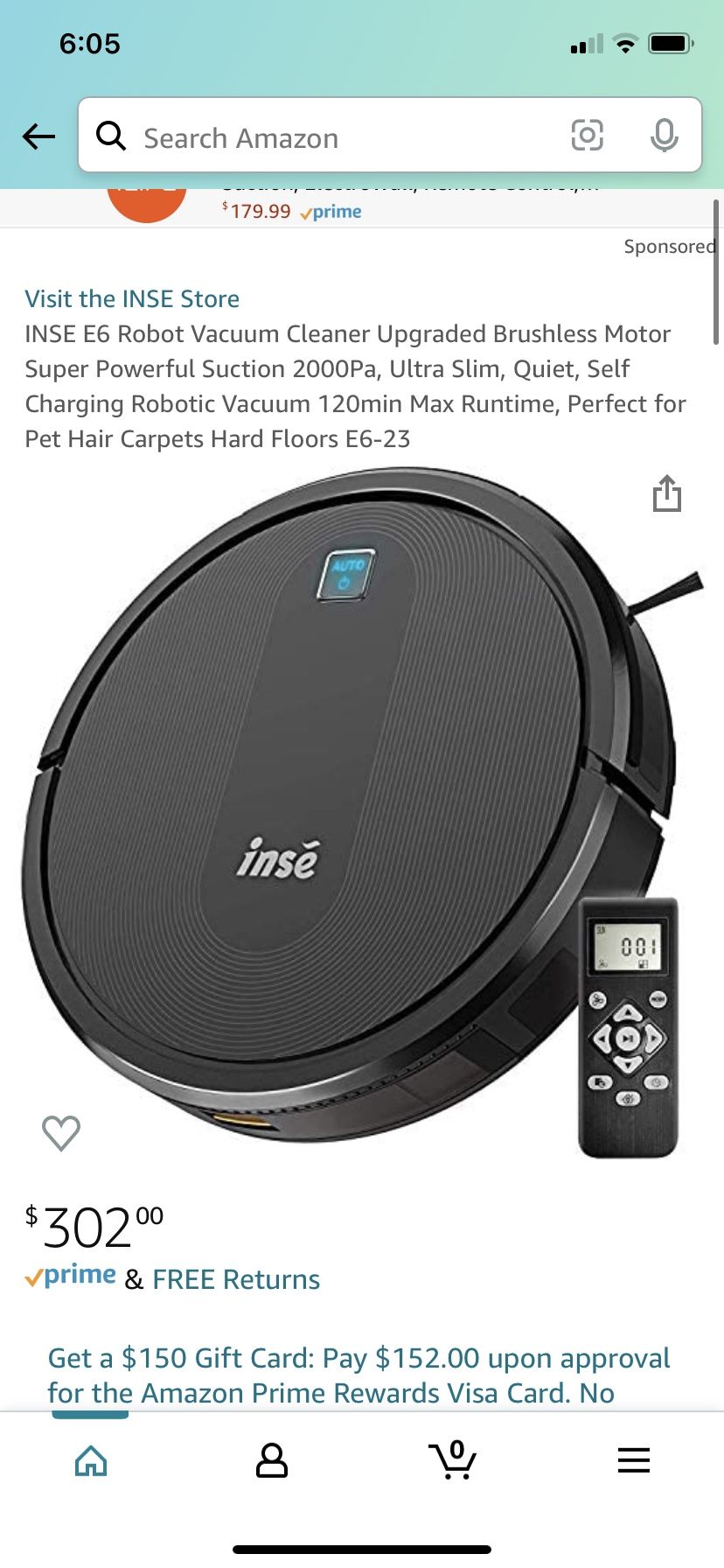 INSE E6 Robot Vacuum Cleaner Upgraded Brushless Motor Super Powerful Suction 2000Pa, Quiet, Self Charging Robot, 120 Min Max Runtime