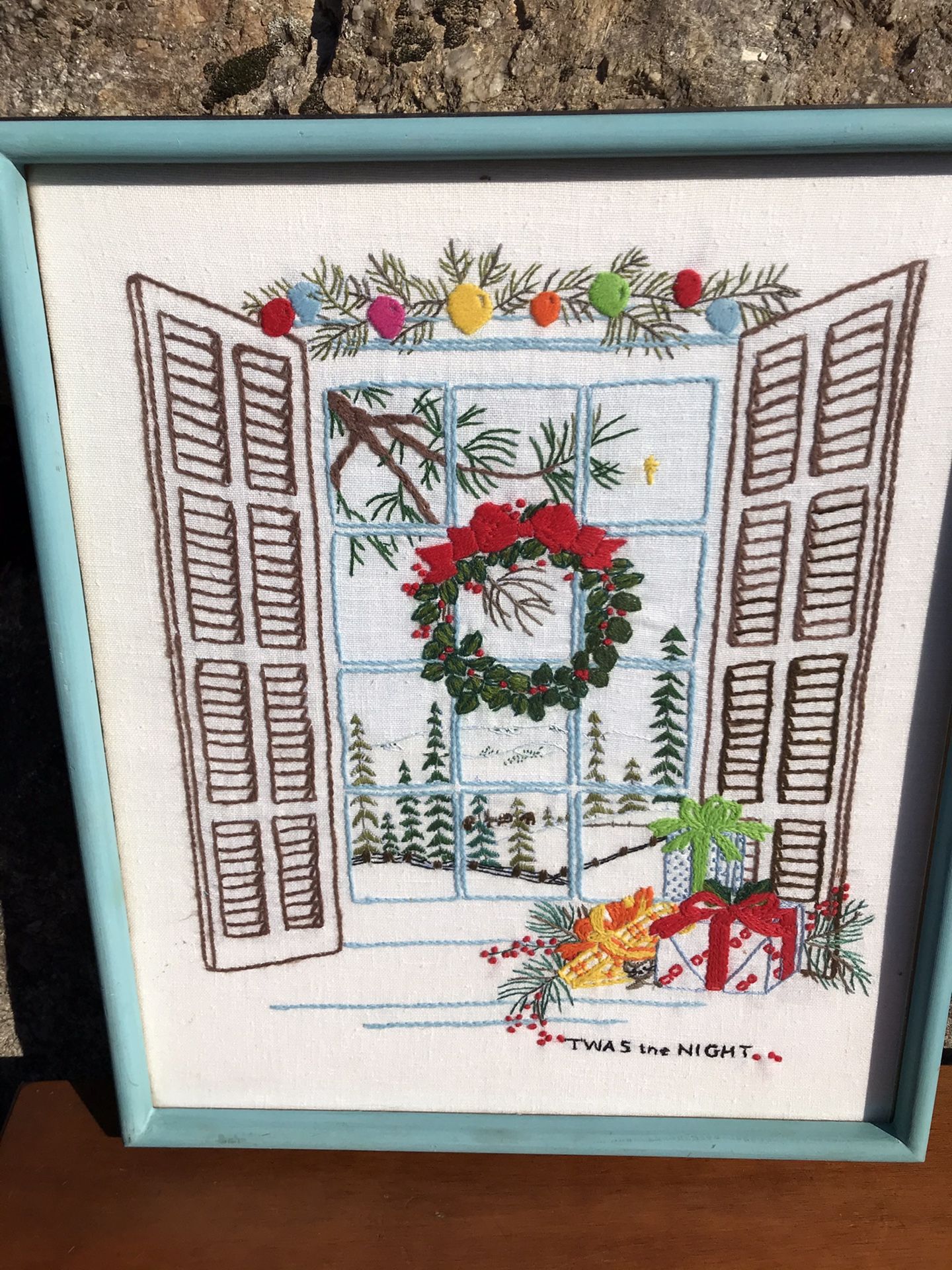 Framed Vintage Christmas Needlepoint 17 x 20 1/4