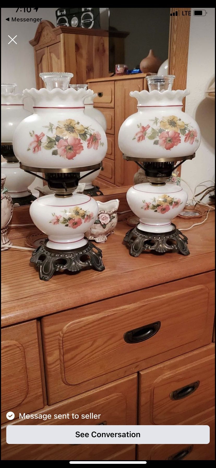 Vintage Set Of 2 Hurricane Lamp Roses Design With 3 Way Electric Lighting
