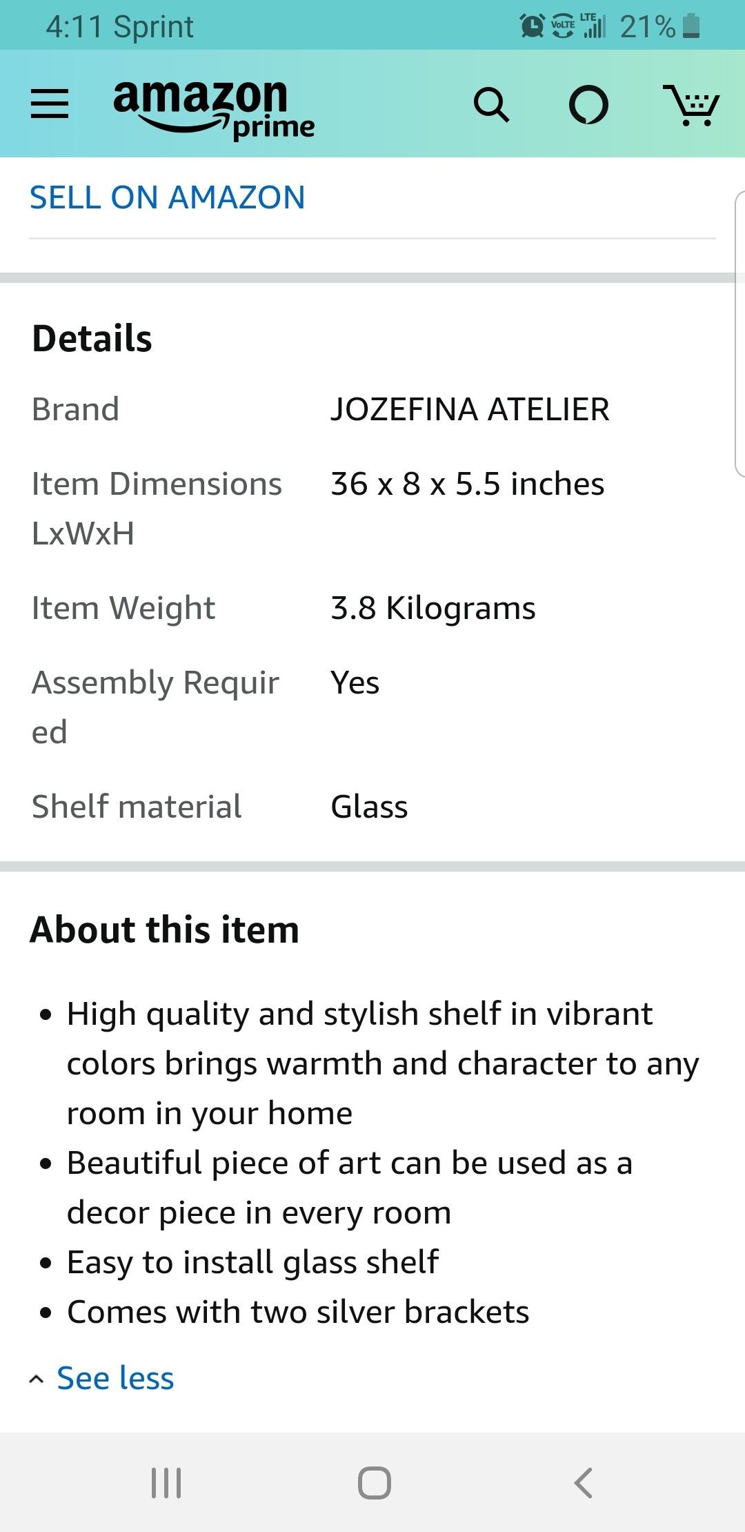 JOZEFINA ATELIER Contempo Bent Purple with Silver Brackets Glass Shelf