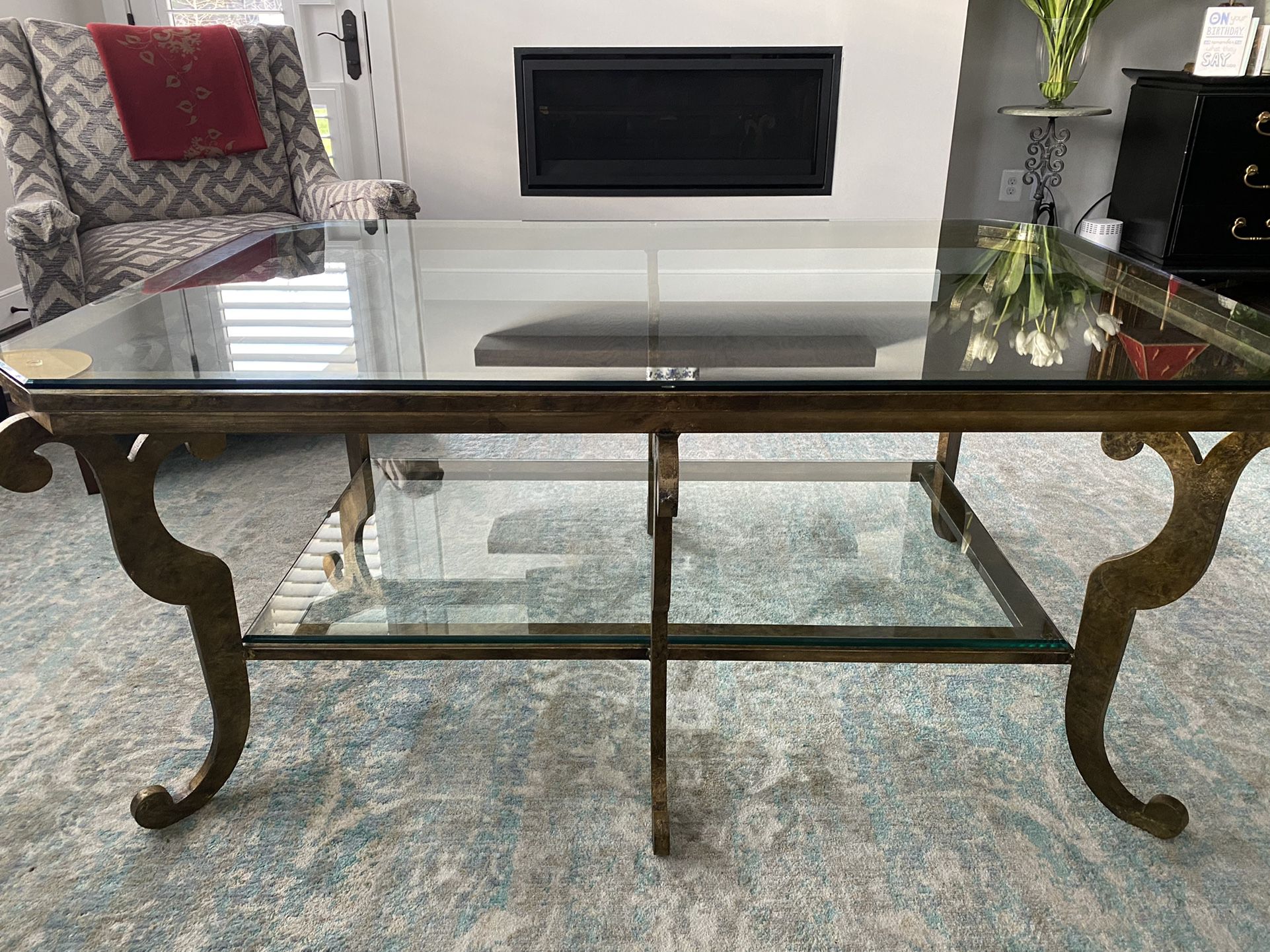 Large Glass and Gold Gilt Metal Cocktail Table By La Barge 