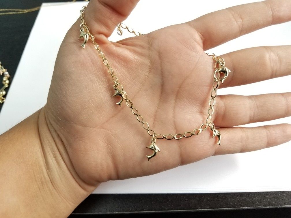 10k Yellow Gold Dolphin Anklet Cz Link Chain Tobillera De Mujer Delfines Con Piedras Cz 10 Inches Pulgadas