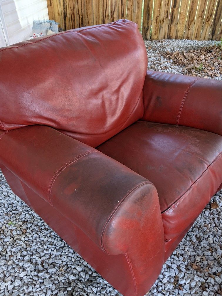 Red Leather Armchair, Ottoman, Gray Chair Cover
