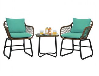 3 Pcs Bistro Set Cushioned Chairs Glass Table Rattan Furniture  Thumbnail